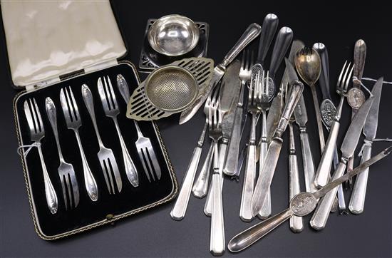 Set of six silver cake forks (cased), 12 pairs of plated fruit eaters, plated lobster picks, etc.